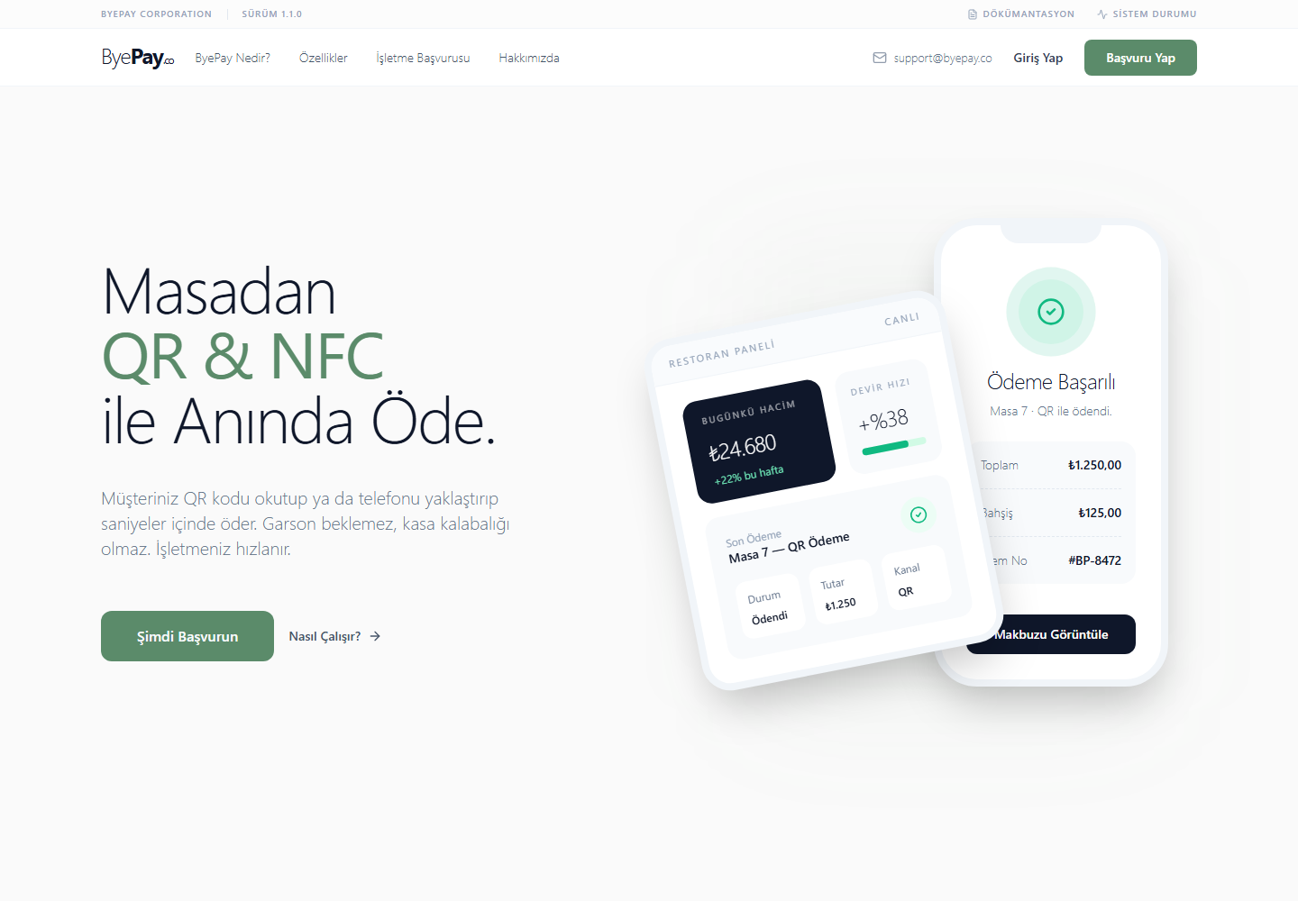 ByePay QR ve NFC ile masadan ödeme ürün akışı